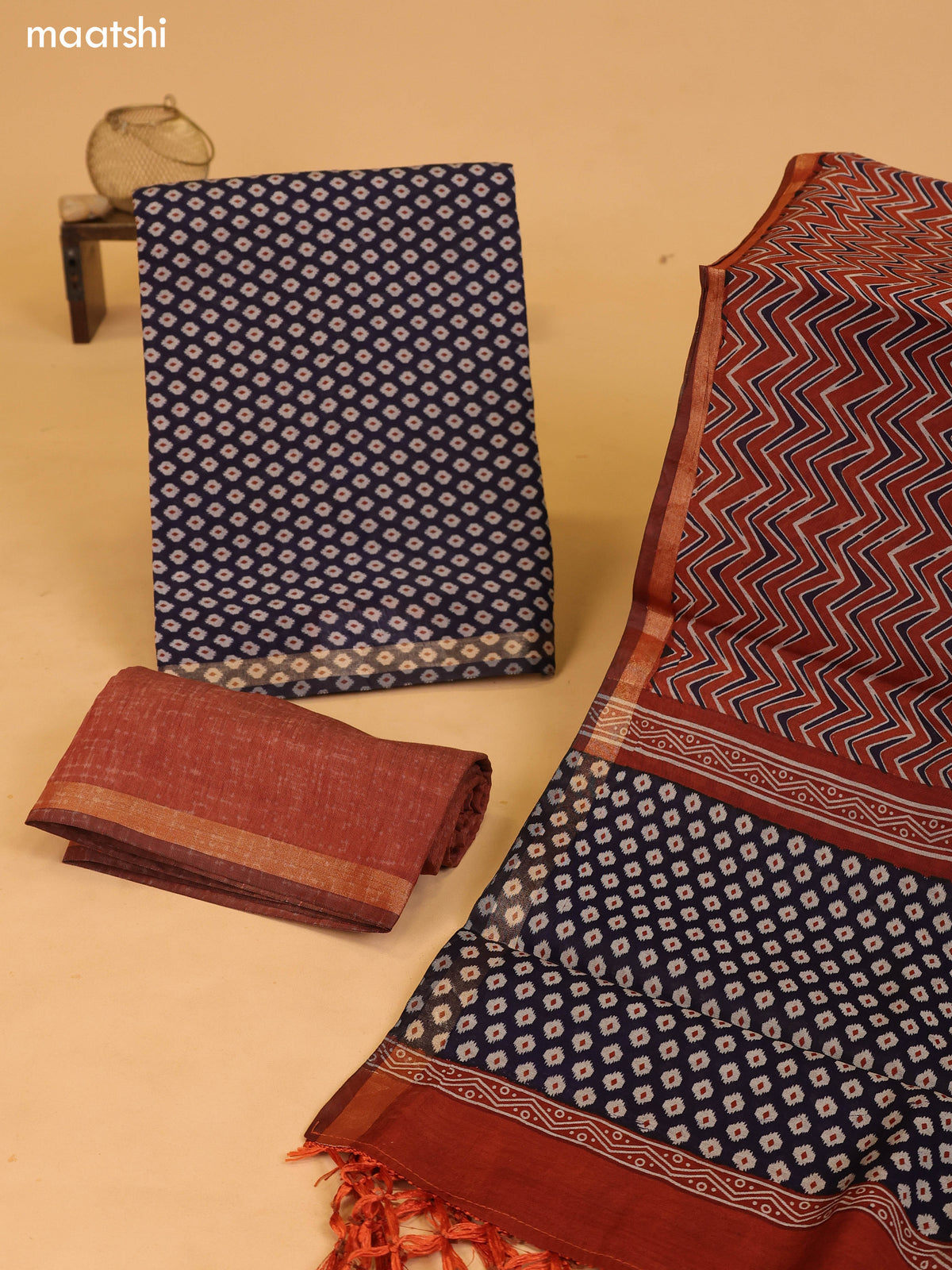 Deep Navy Blue and Dark Rust Art Silk Dress Material With Butta Prints and Bottom & Dupatta