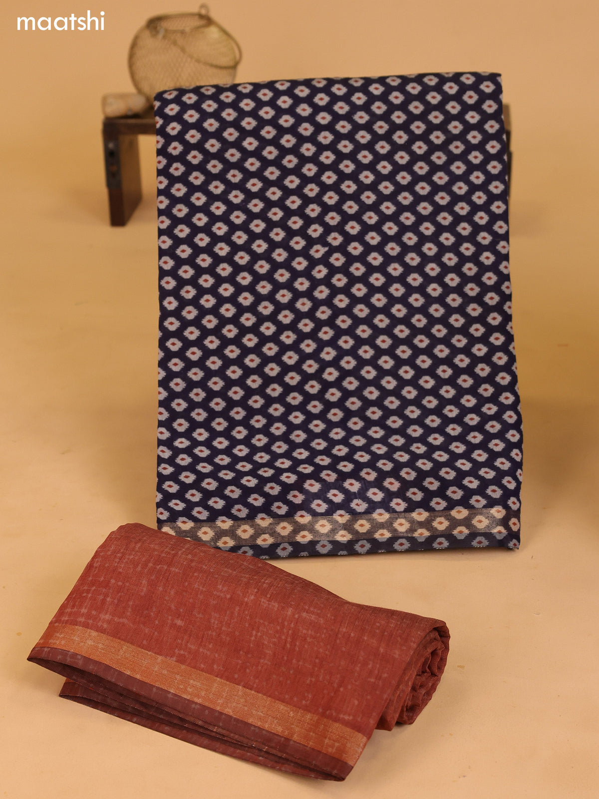 Deep Navy Blue and Dark Rust Art Silk Dress Material With Butta Prints and Bottom & Dupatta