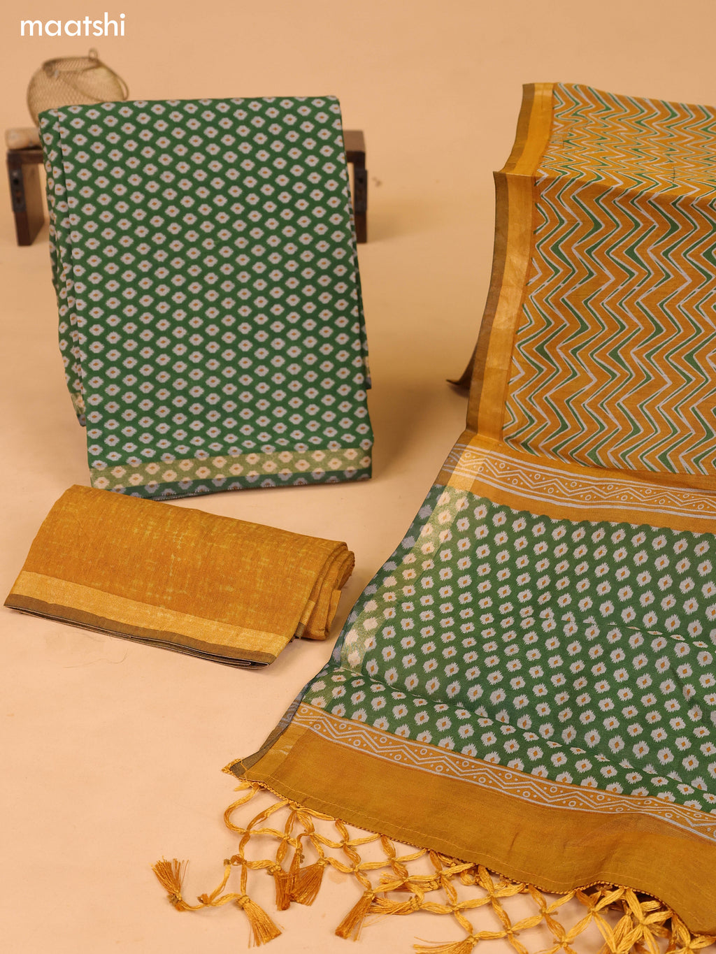 Green and Mustard Yellow Art Silk Dress Material With Butta Prints and Bottom & Dupatta