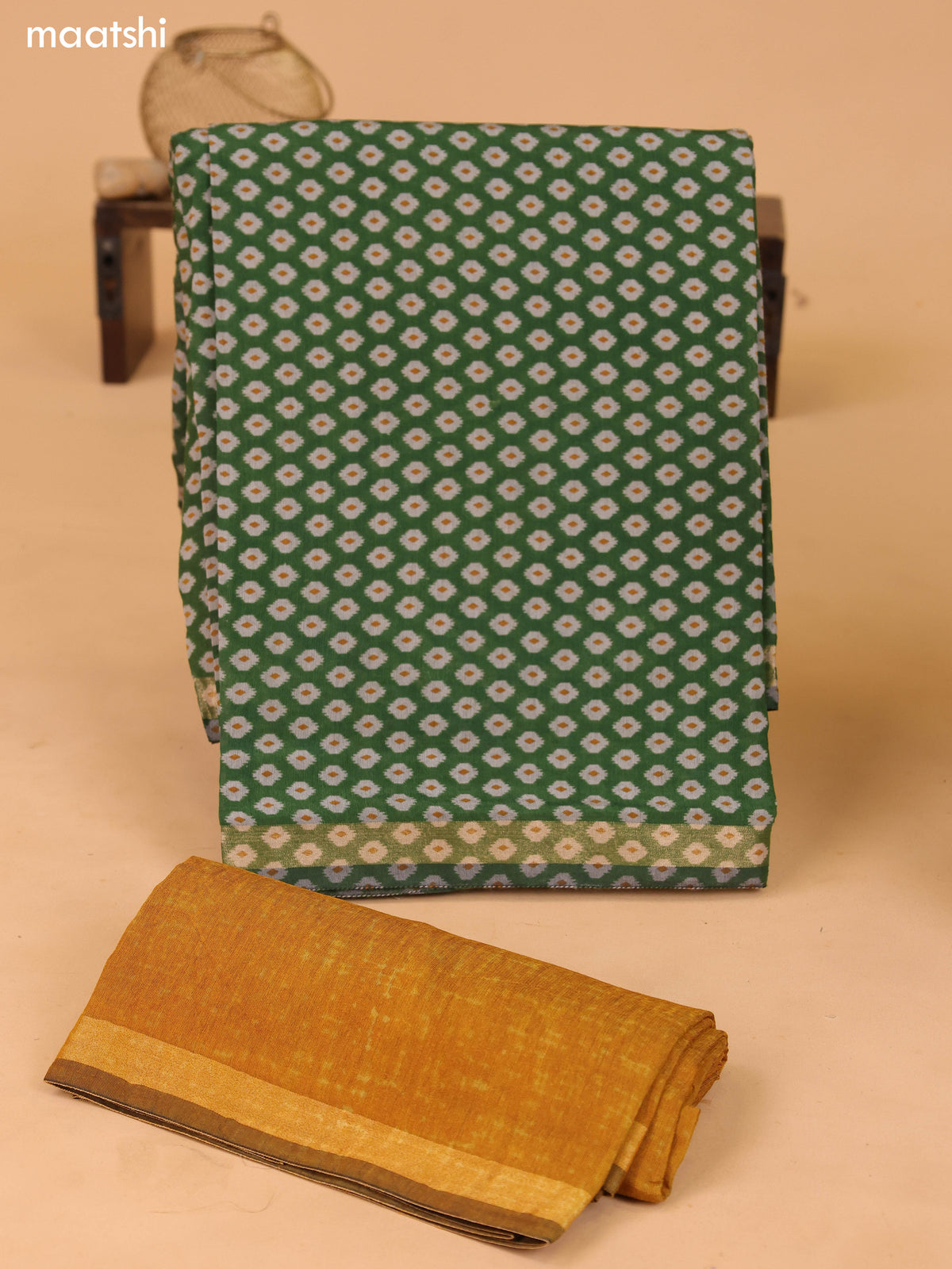 Green and Mustard Yellow Art Silk Dress Material With Butta Prints and Bottom & Dupatta