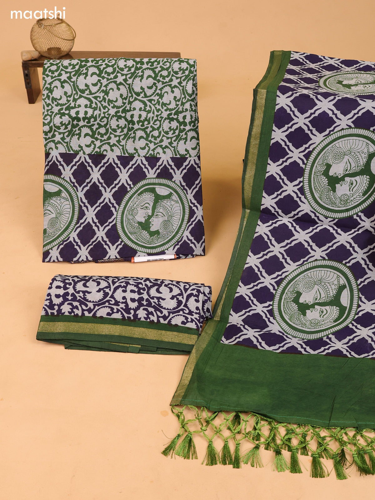 Grey & Green and Navy Blue Art Silk Dress Material With Allover Prints and Bottom & Dupatta