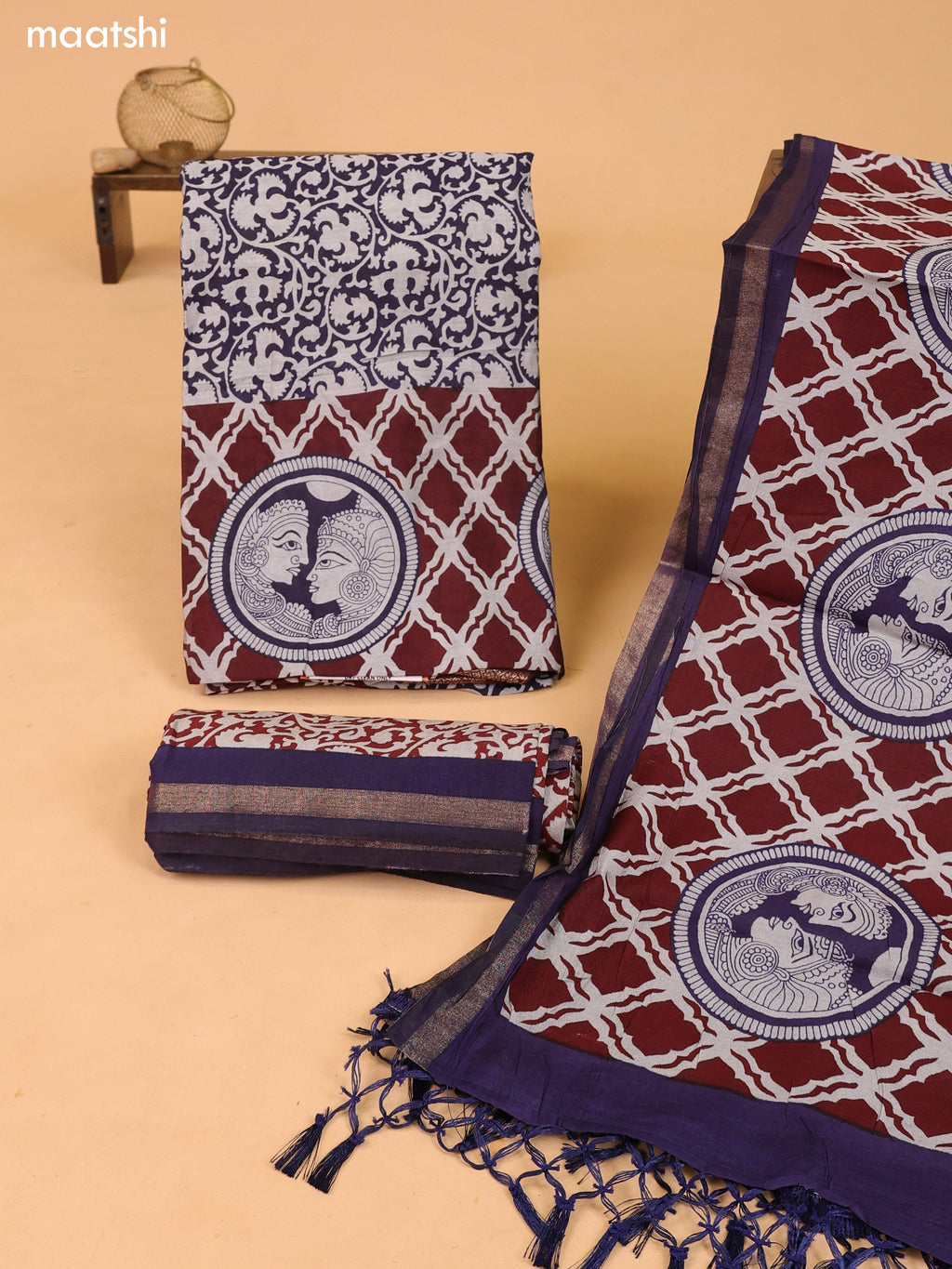Grey & Deep Brown and Navy Blue Art Silk Dress Material With Allover Prints and Bottom & Dupatta
