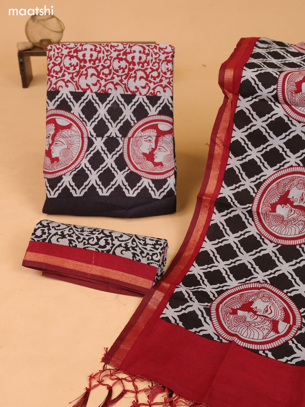 Grey & Deep Brown and Maroon Art Silk Dress Material With Allover Prints and Bottom & Dupatta