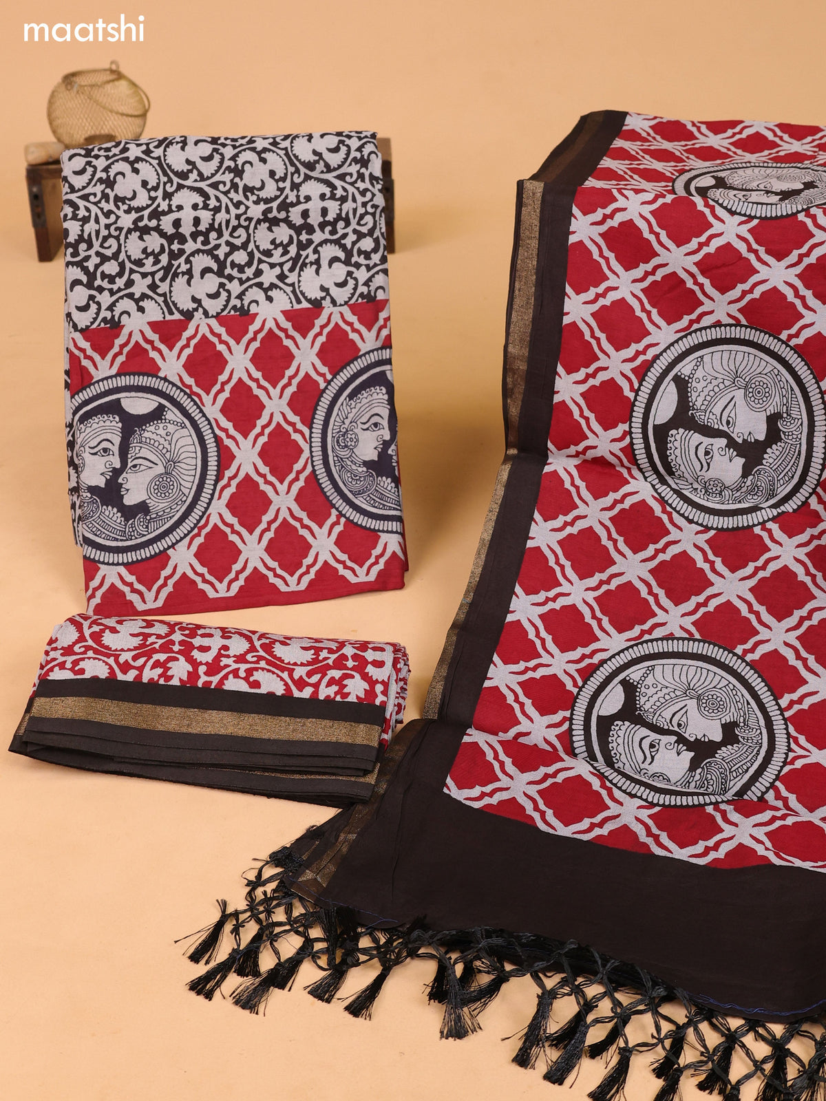 Grey & Maroon and Deep Brown Art Silk Dress Material With Allover Prints and Bottom & Dupatta