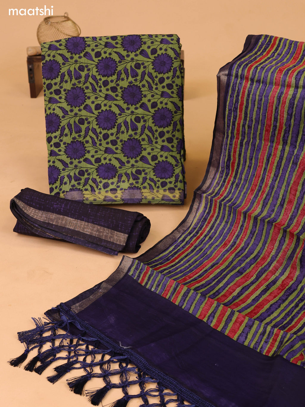 Green and Deep Violet Art Silk Dress Material With Allover Floral Prints and Bottom & Dupatta