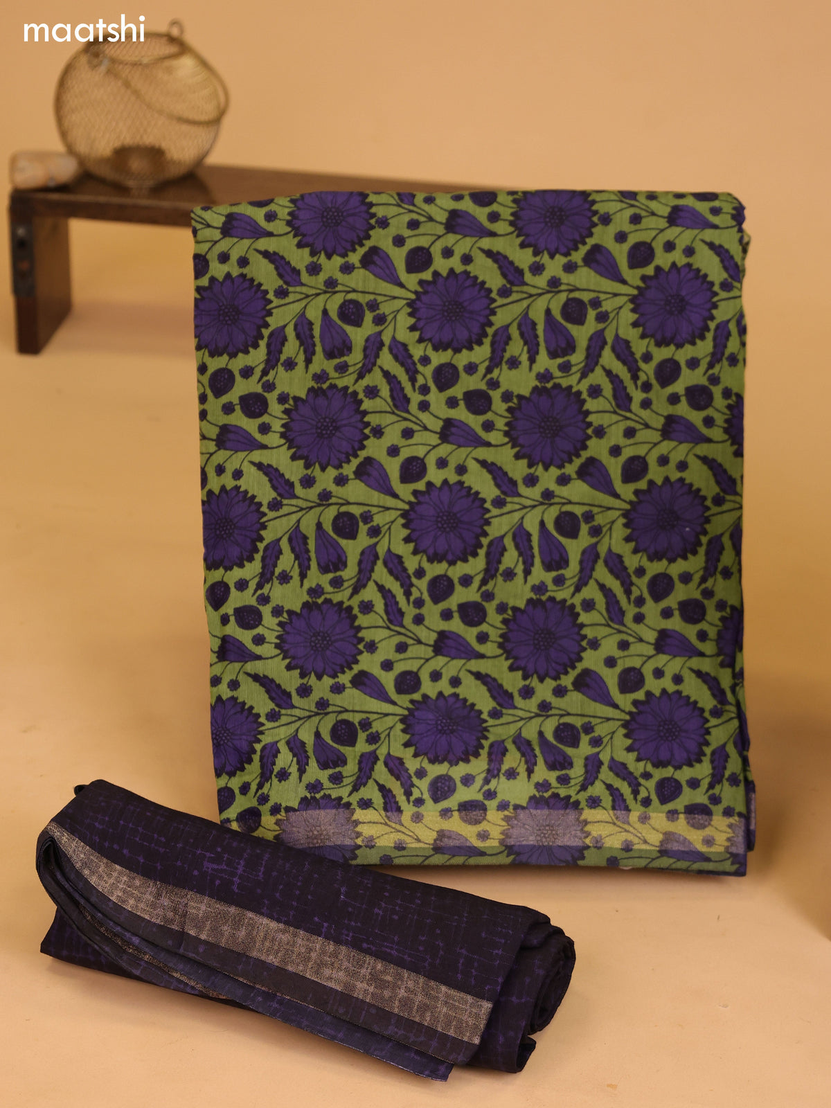Green and Deep Violet Art Silk Dress Material With Allover Floral Prints and Bottom & Dupatta