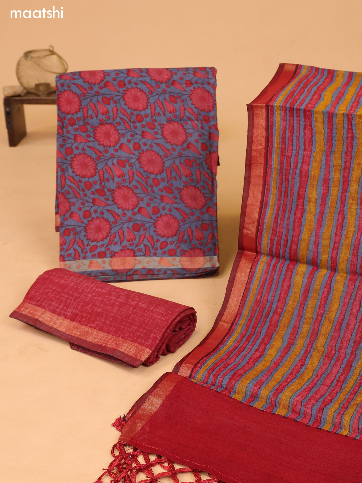 Grey and Pastel Maroon Art Silk Dress Material With Allover Floral Prints and Bottom & Dupatta