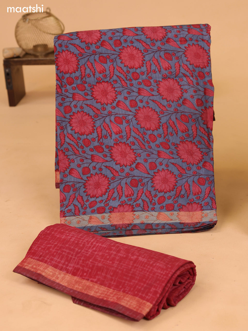 Grey and Pastel Maroon Art Silk Dress Material With Allover Floral Prints and Bottom & Dupatta
