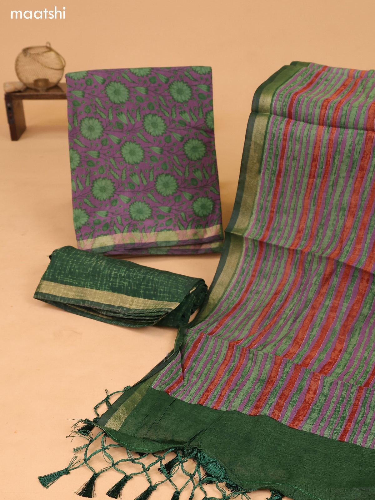 Lavender and Green Art Silk Dress Material With Allover Floral Prints and Bottom & Dupatta