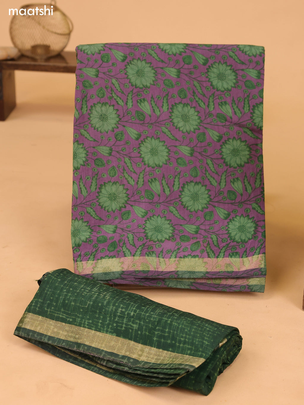 Lavender and Green Art Silk Dress Material With Allover Floral Prints and Bottom & Dupatta