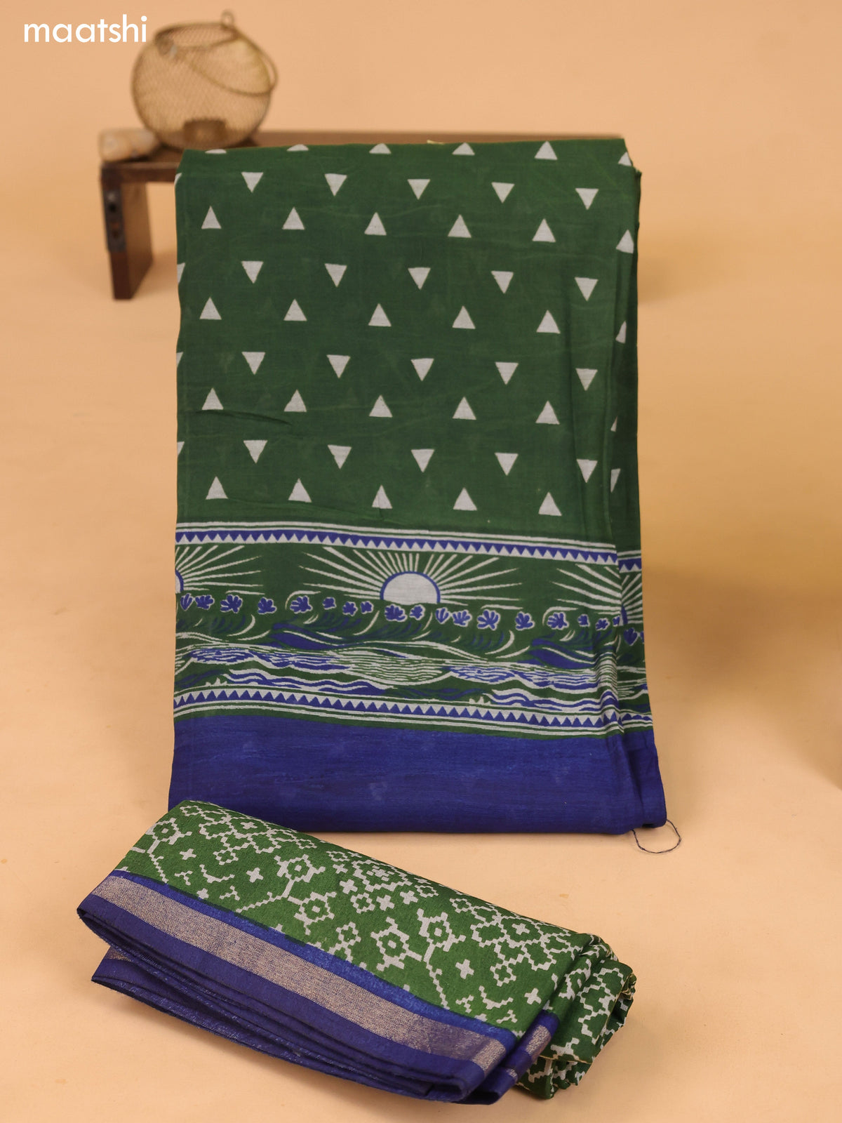 Green and Navy Blue Art Silk Dress Material With Allover Prints and Bottom & Dupatta