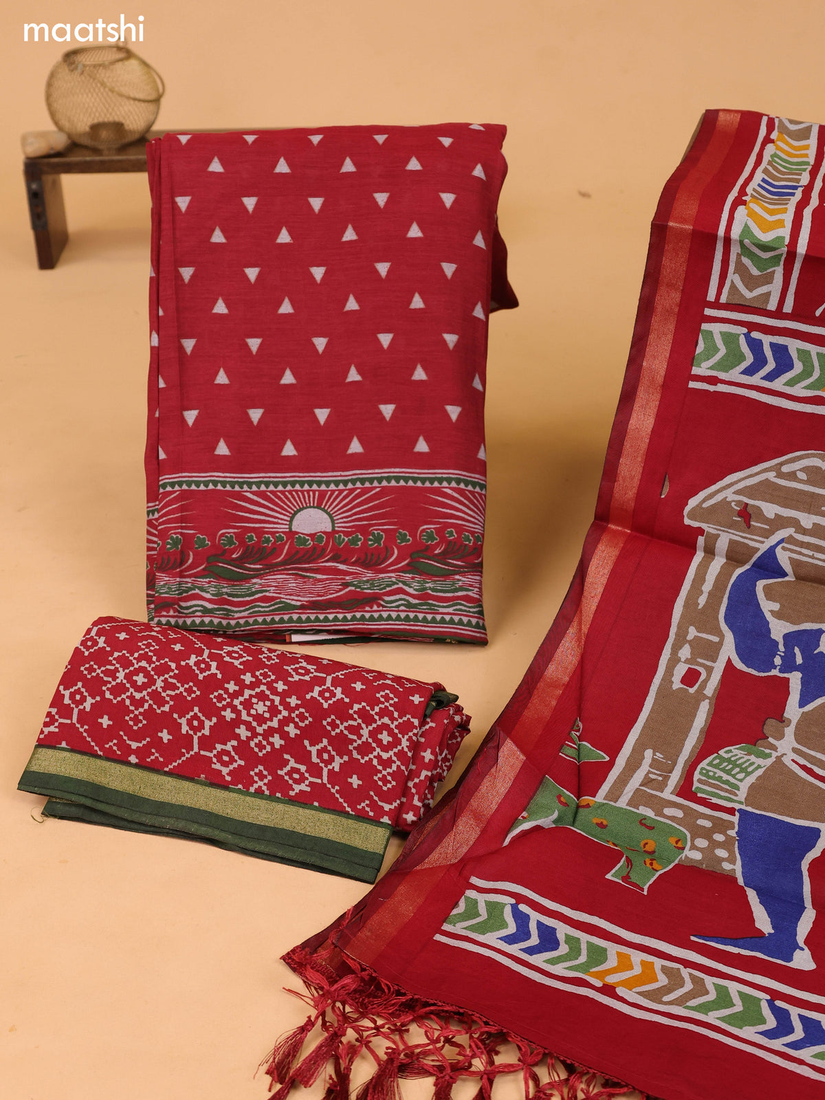 Maroon Art Silk Dress Material With Allover Prints and Bottom & Dupatta