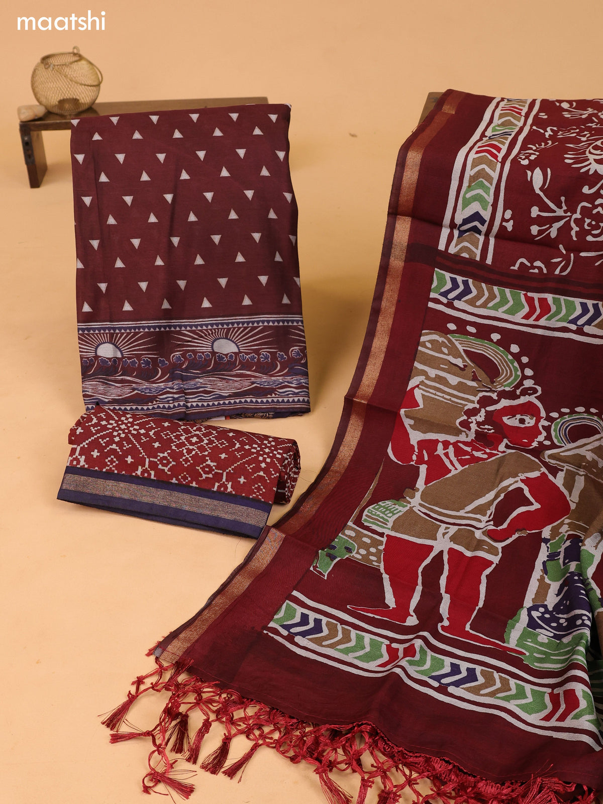 Deep Brown and Pastel Purple Art Silk Dress Material With Allover Prints and Bottom & Dupatta