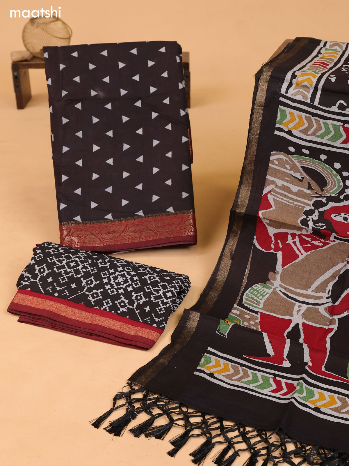 Deep Brown and Maroon Art Silk Dress Material With Allover Prints and Bottom & Dupatta
