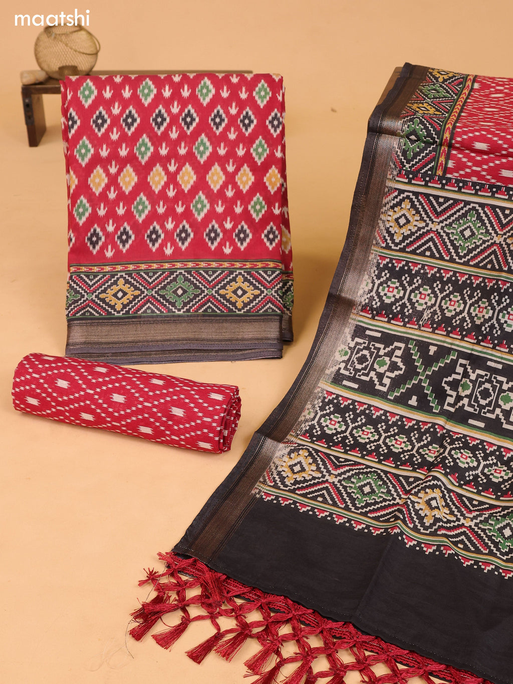 Maroon and Black Art Silk Dress Material With Allover Ikat Weaves and Bottom & Dupatta
