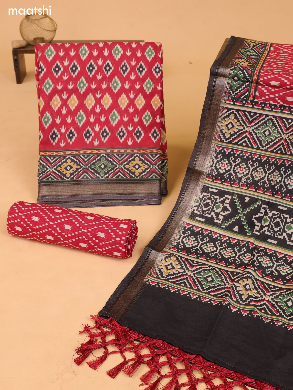 Maroon and Black Art Silk Dress Material With Allover Ikat Weaves and Bottom & Dupatta