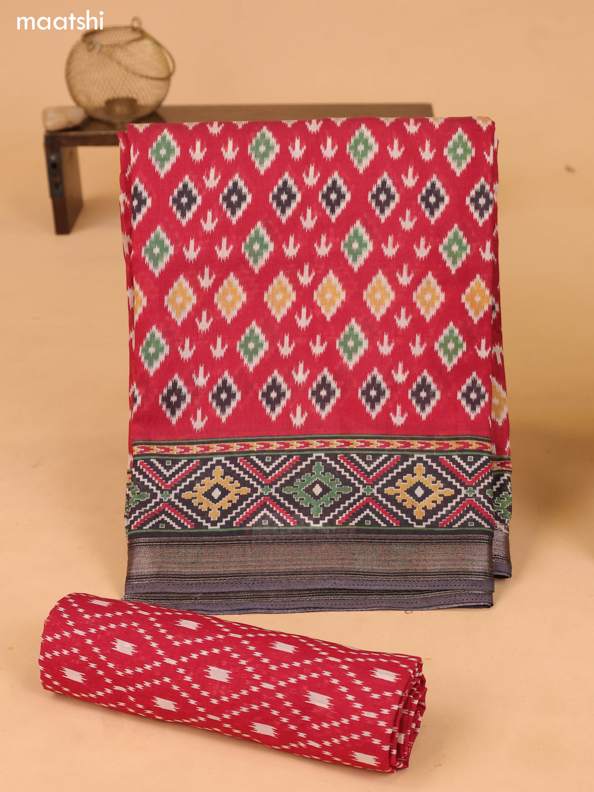 Maroon and Black Art Silk Dress Material With Allover Ikat Weaves and Bottom & Dupatta