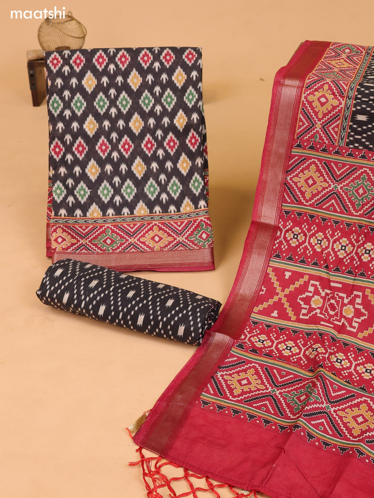 Black and Maroon Art Silk Dress Material With Allover Ikat Weaves and Bottom & Dupatta