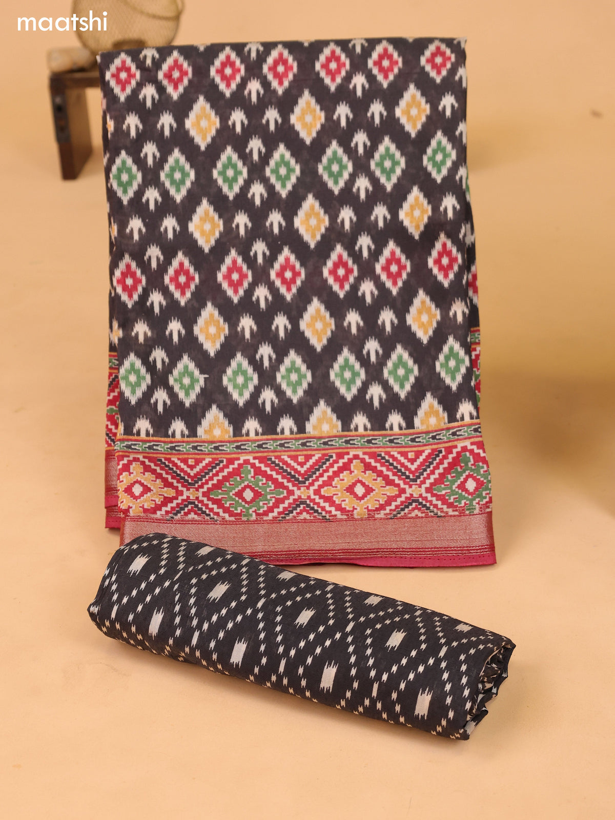 Black and Maroon Art Silk Dress Material With Allover Ikat Weaves and Bottom & Dupatta
