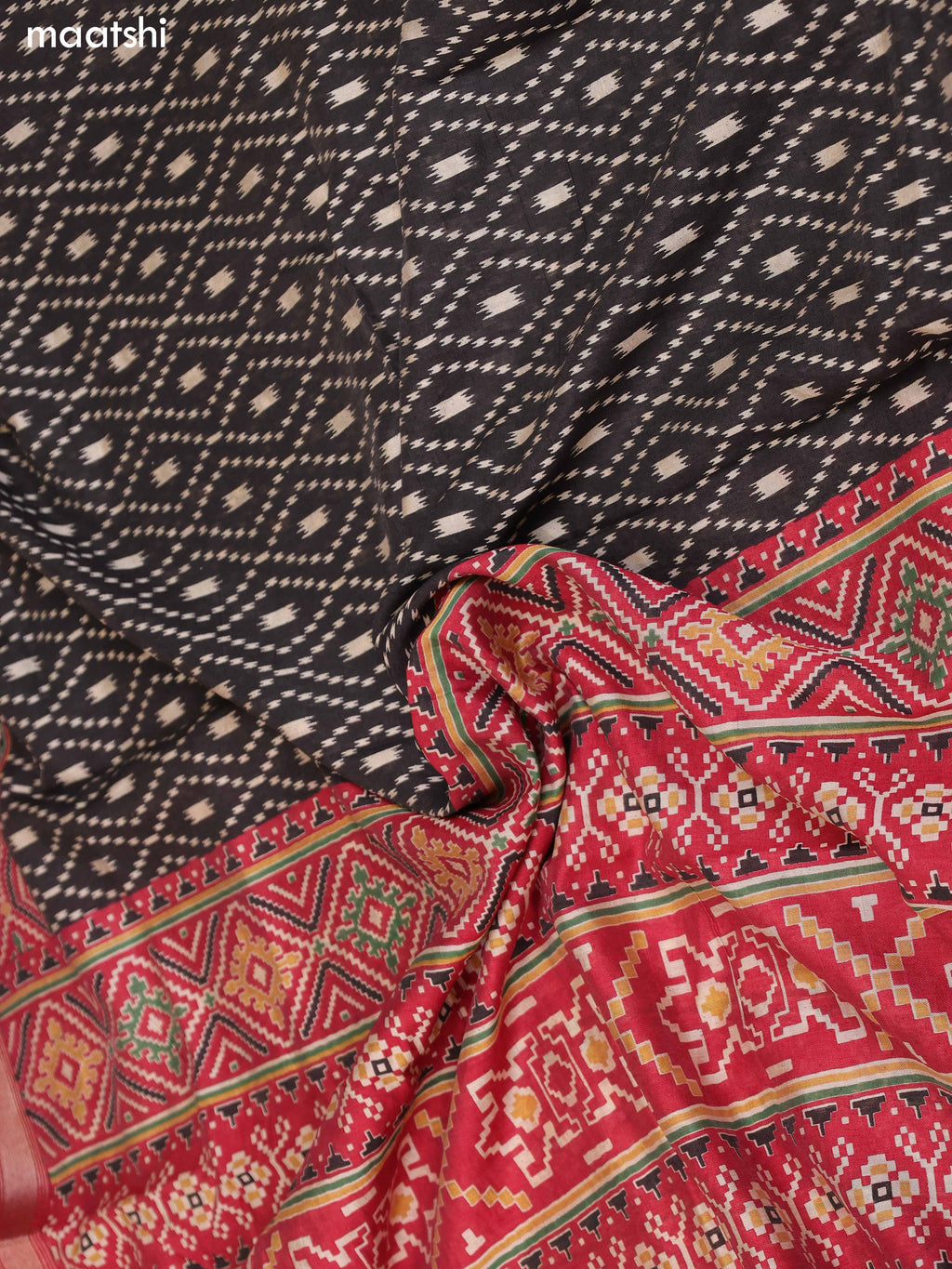 Black and Maroon Art Silk Dress Material With Allover Ikat Weaves and Bottom & Dupatta