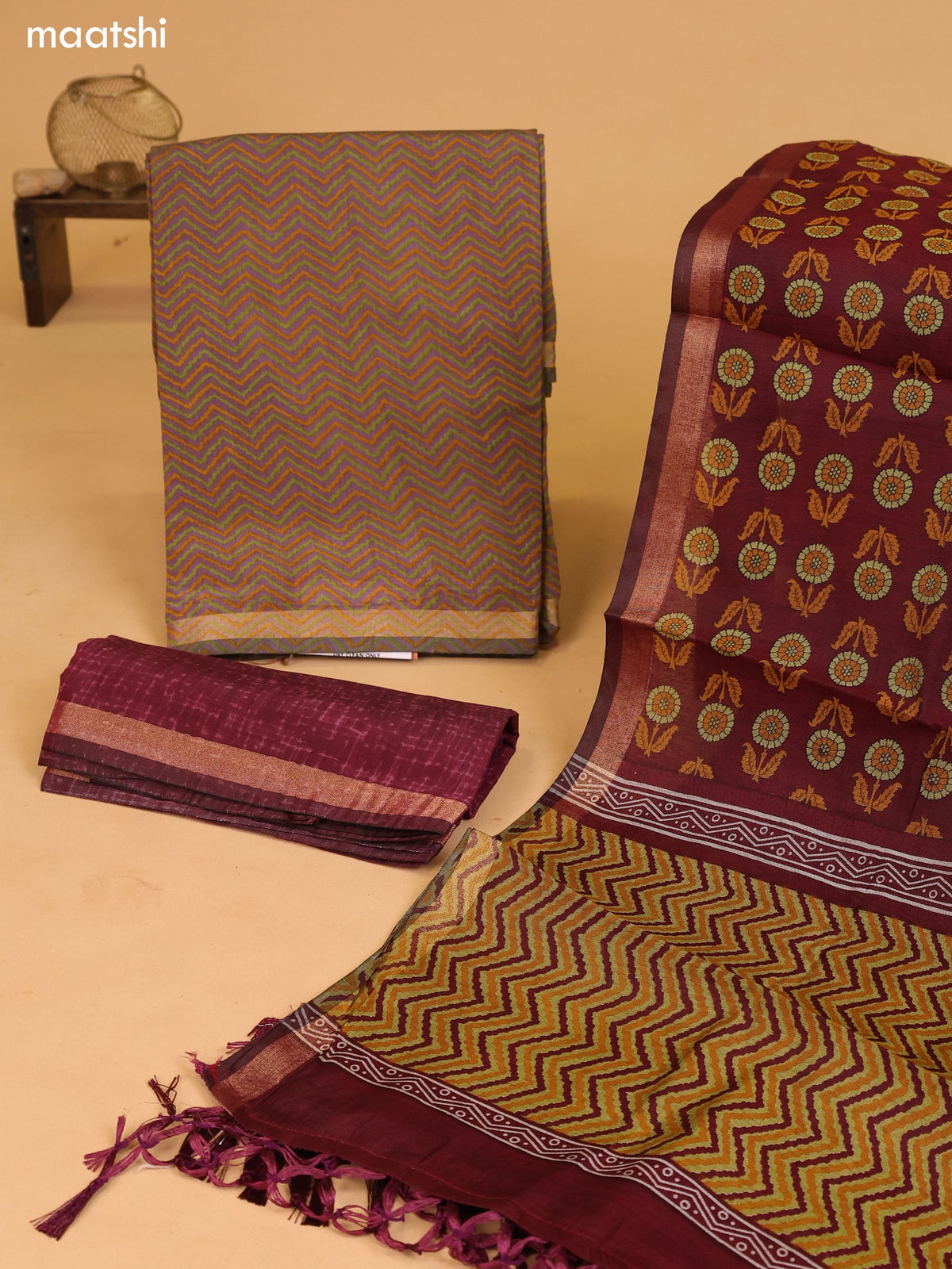 Pastel Purple and Mustard Art Silk Dress Material With Zig Zag Prints and Bottom & Dupatta
