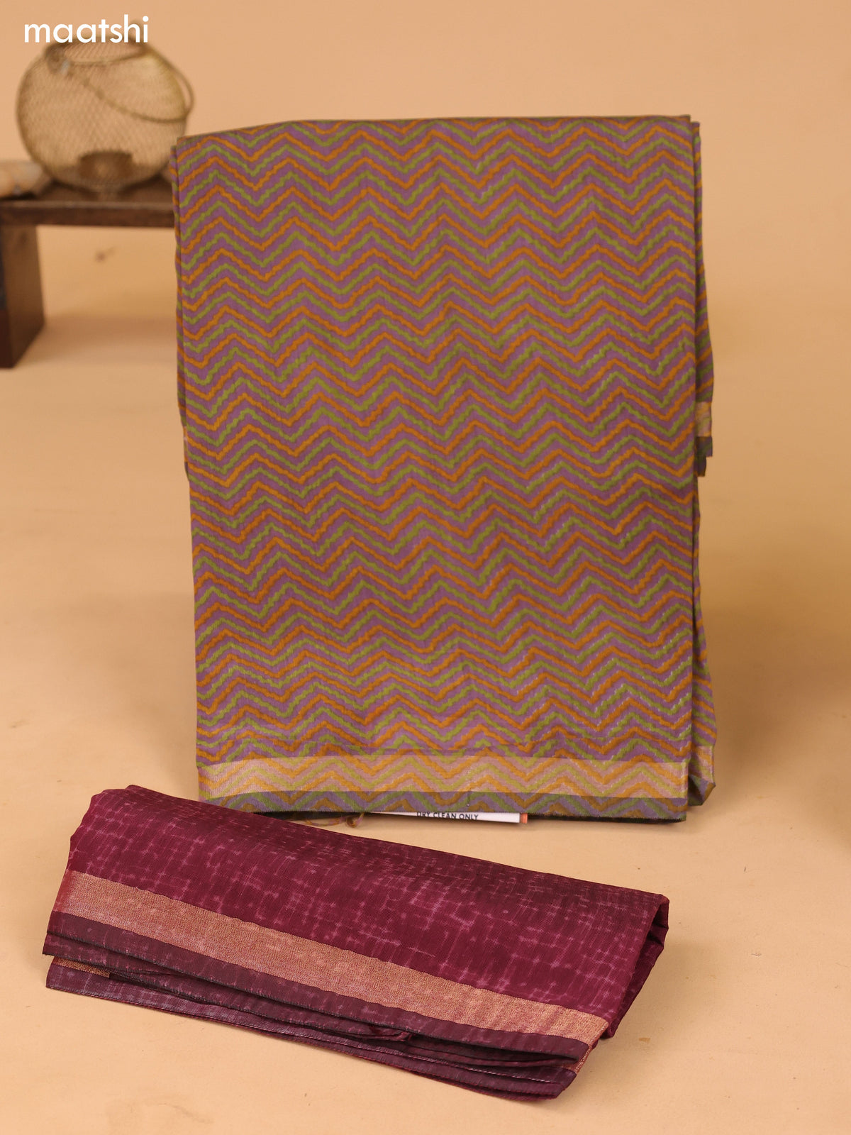 Pastel Purple and Mustard Art Silk Dress Material With Zig Zag Prints and Bottom & Dupatta