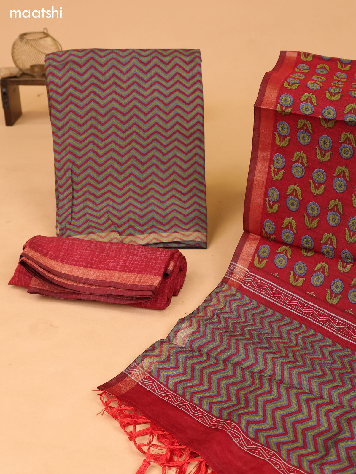 Grey and Maroon Art Silk Dress Material With Zig Zag Prints and Bottom & Dupatta