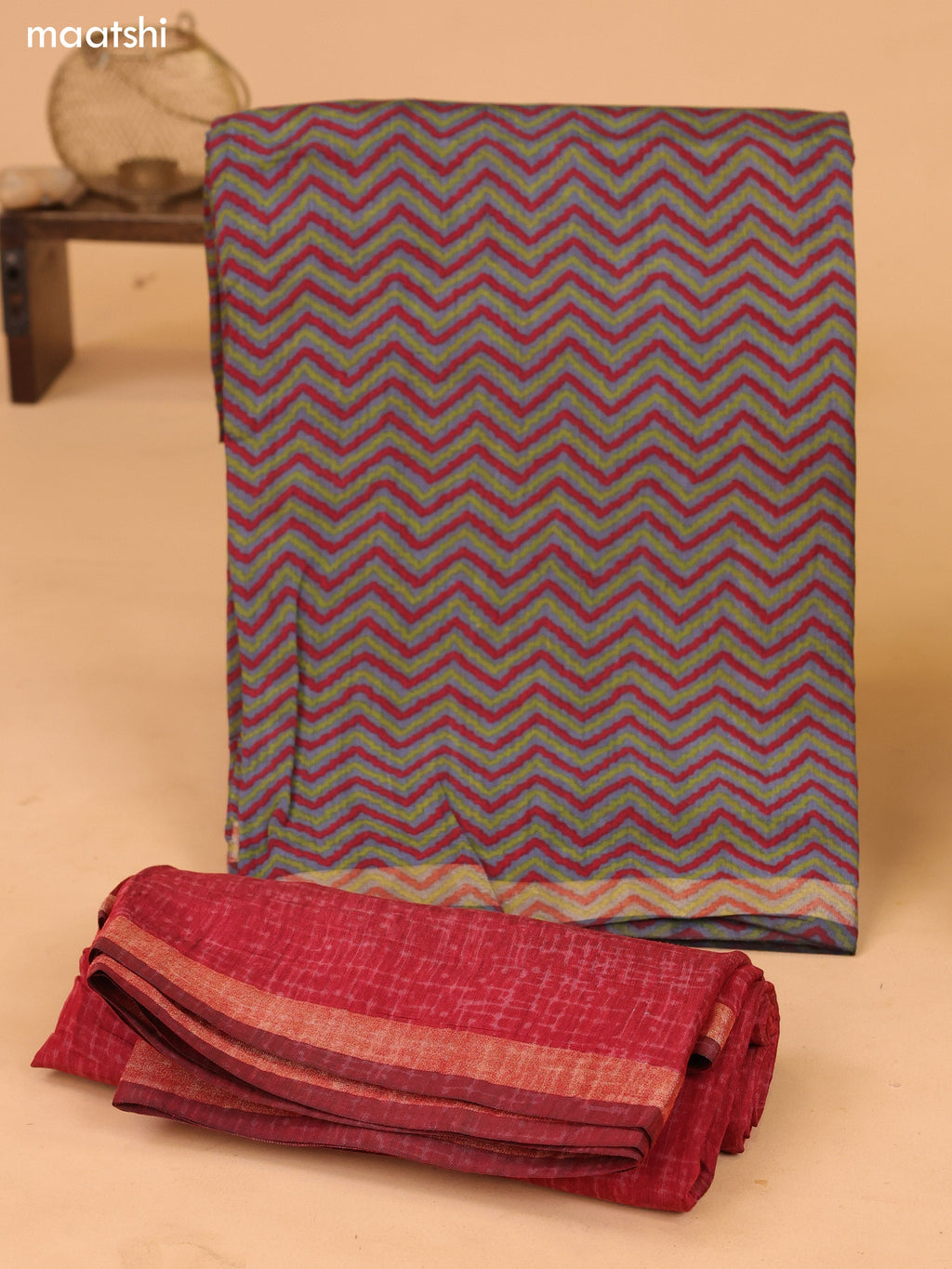 Grey and Maroon Art Silk Dress Material With Zig Zag Prints and Bottom & Dupatta