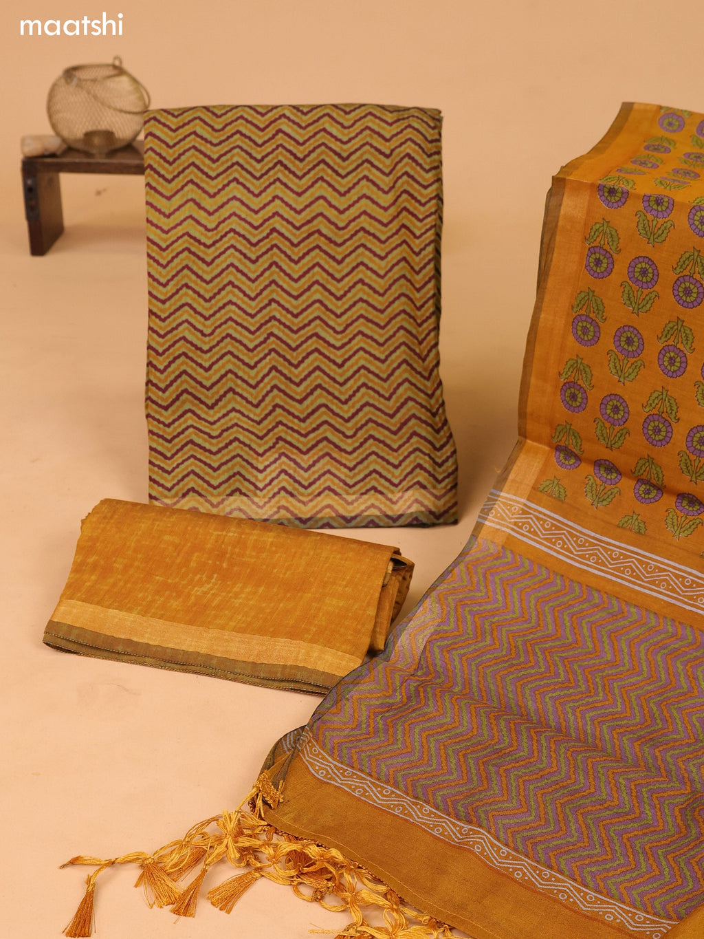Elaichi Green and Maroon Art Silk Dress Material With Zig Zag Prints and Bottom & Dupatta