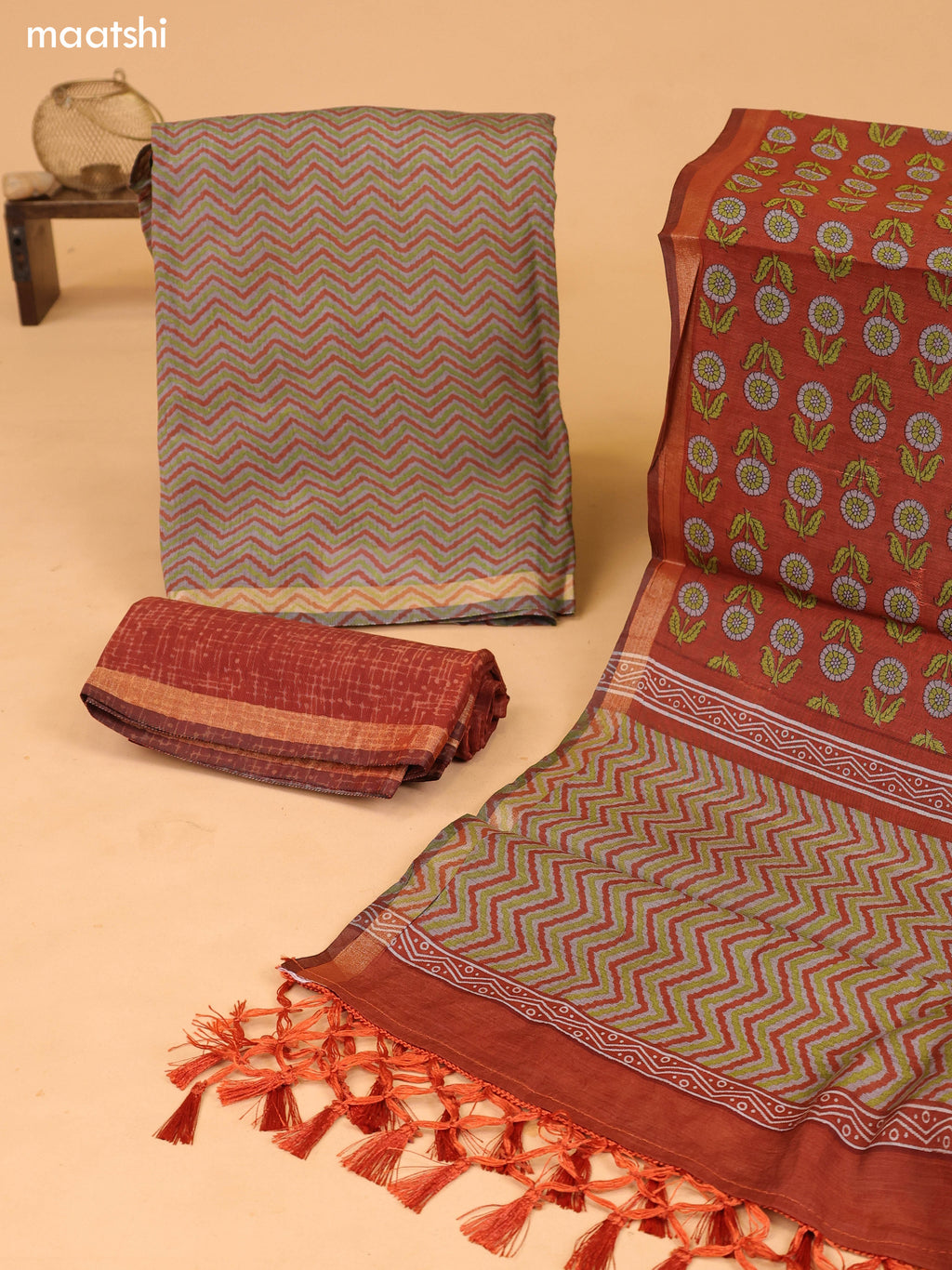 Grey and Dark Rust Art Silk Dress Material With Zig Zag Prints and Bottom & Dupatta