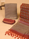 Grey and Dark Rust Art Silk Dress Material With Zig Zag Prints and Bottom & Dupatta