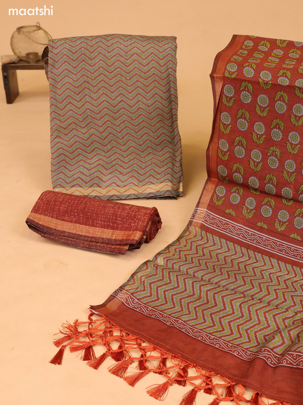 Grey and Dark Rust Art Silk Dress Material With Zig Zag Prints and Bottom & Dupatta