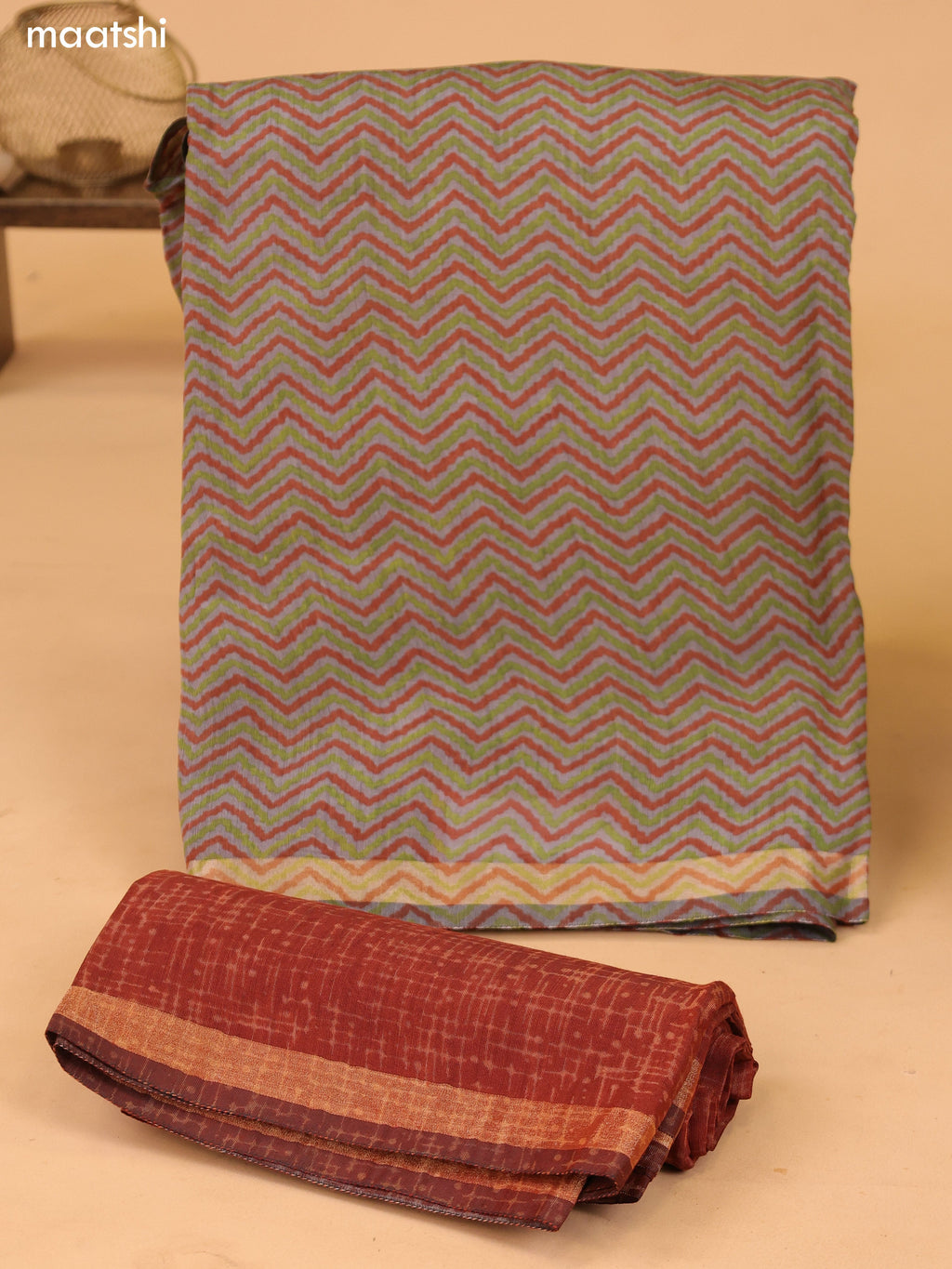 Grey and Dark Rust Art Silk Dress Material With Zig Zag Prints and Bottom & Dupatta