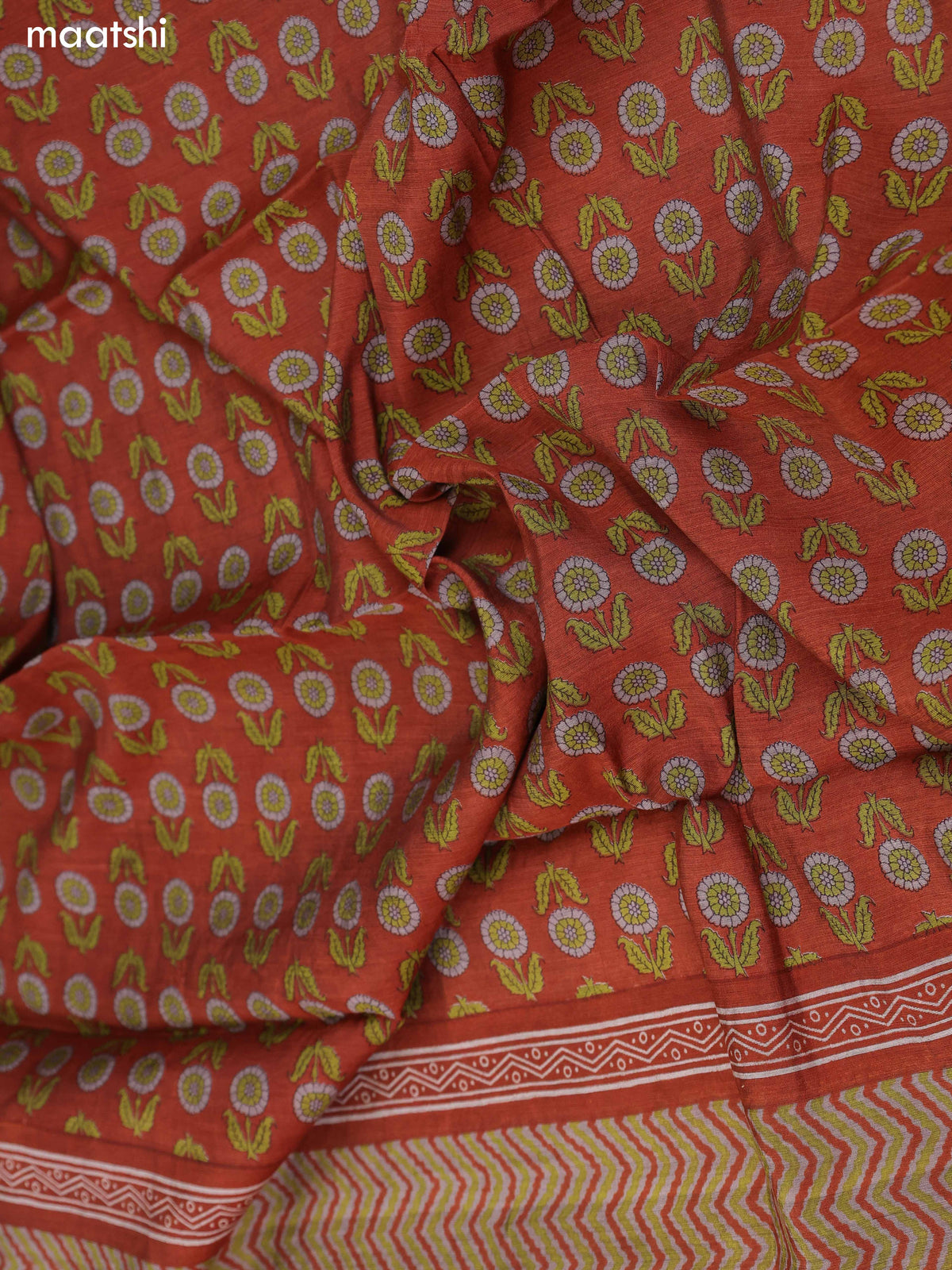 Grey and Dark Rust Art Silk Dress Material With Zig Zag Prints and Bottom & Dupatta