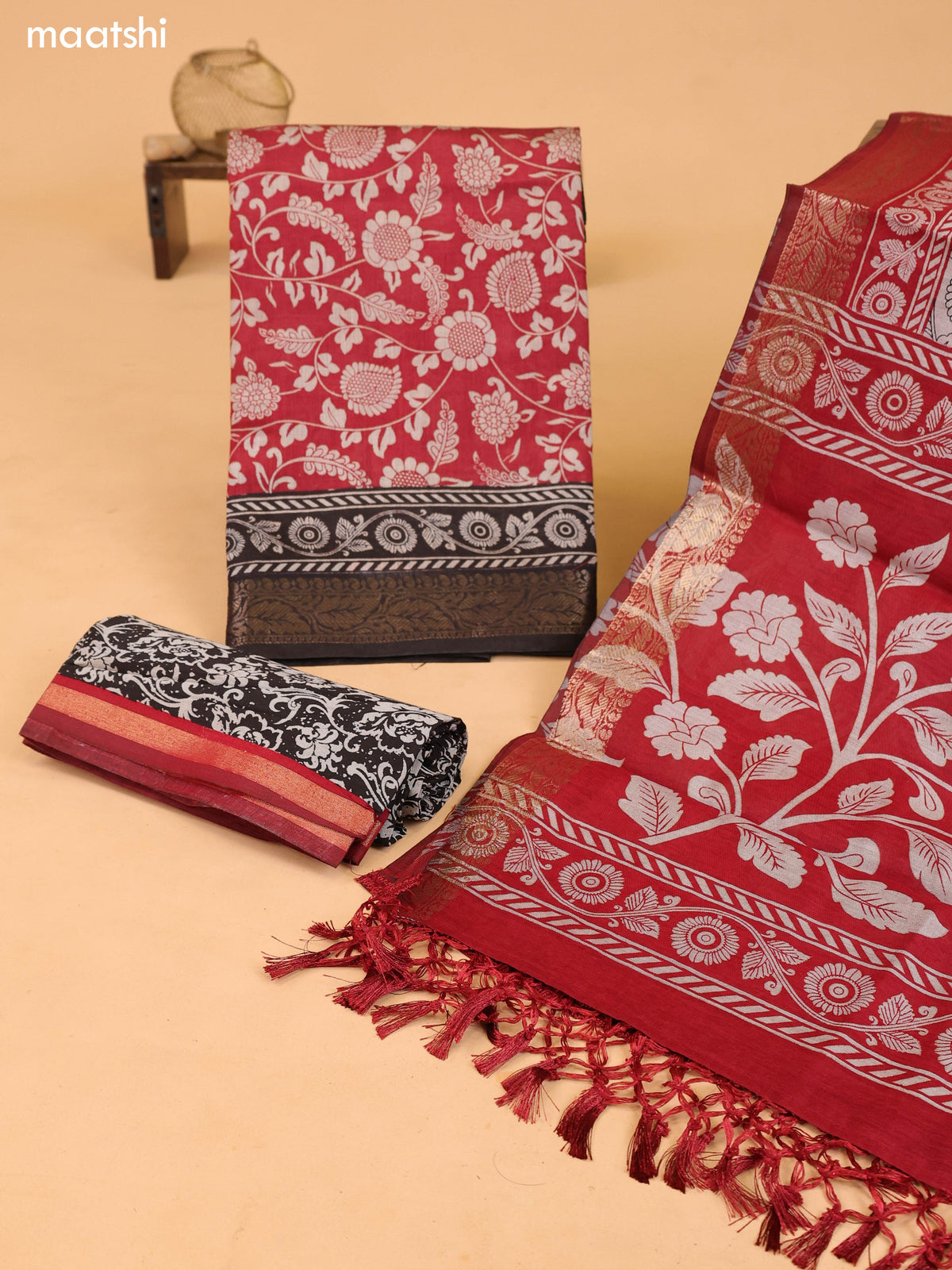 Maroon & Grey and Black Art Silk Dress Material With Kalamkari Prints and Bottom & Dupatta