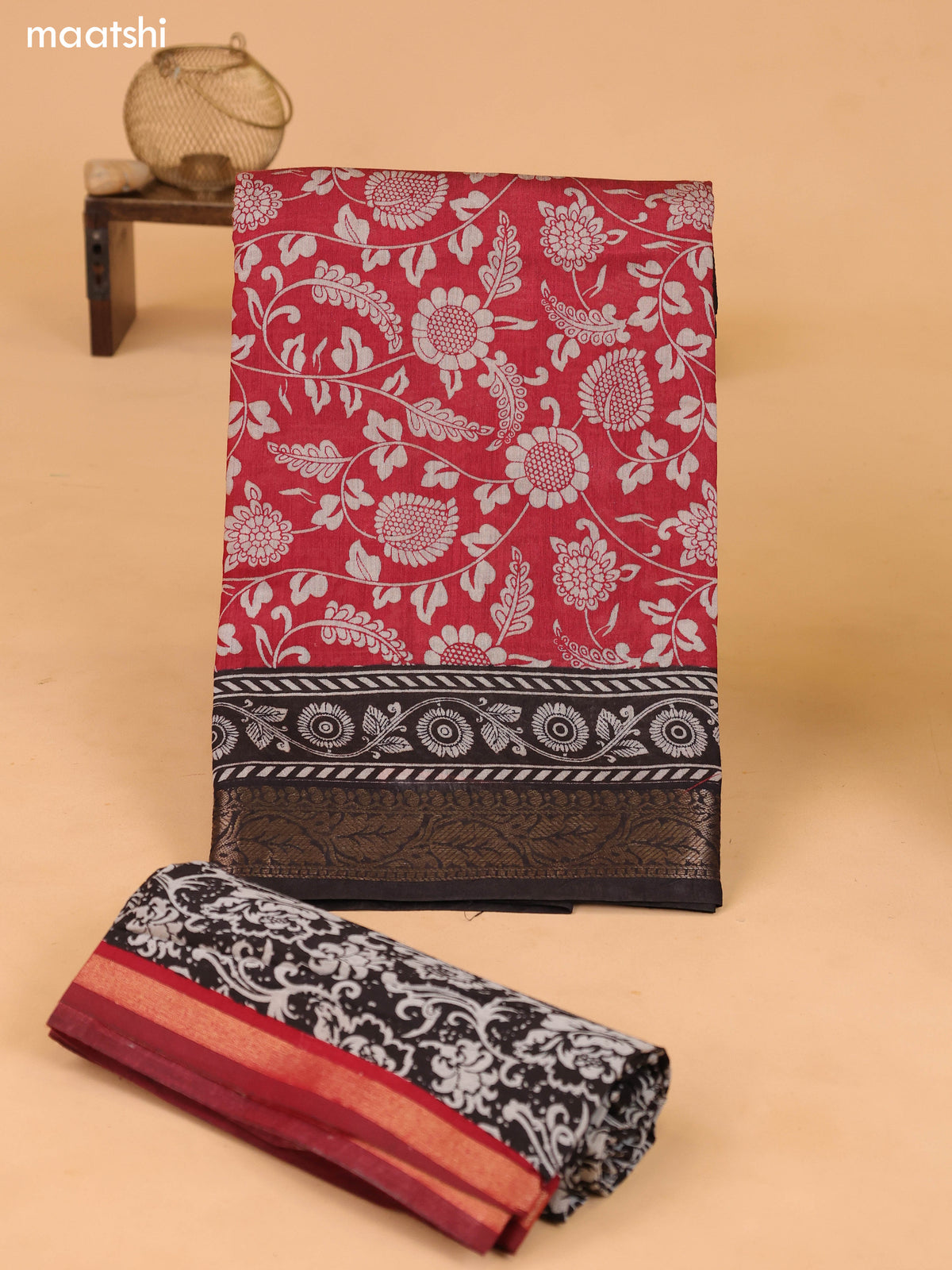 Maroon & Grey and Black Art Silk Dress Material With Kalamkari Prints and Bottom & Dupatta