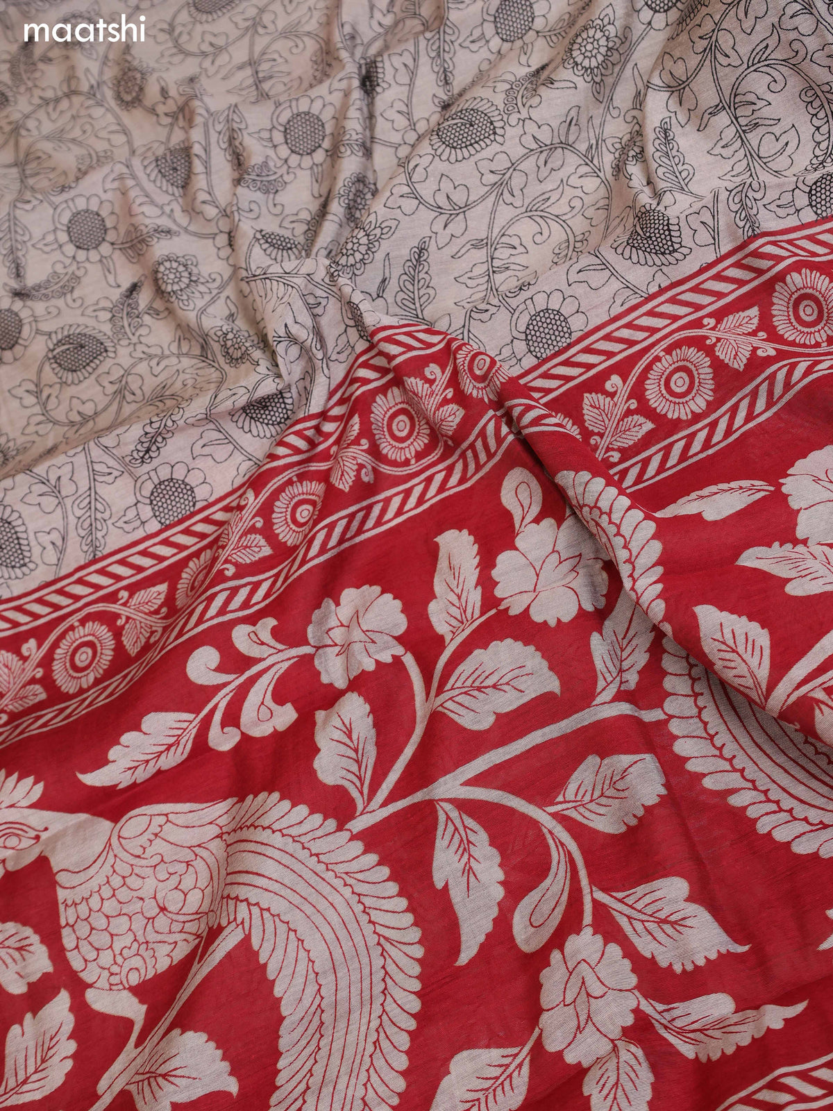 Maroon & Grey and Black Art Silk Dress Material With Kalamkari Prints and Bottom & Dupatta