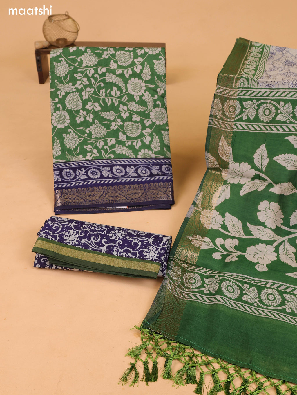 Green & Grey and Navy Blue Art Silk Dress Material With Kalamkari Prints and Bottom & Dupatta