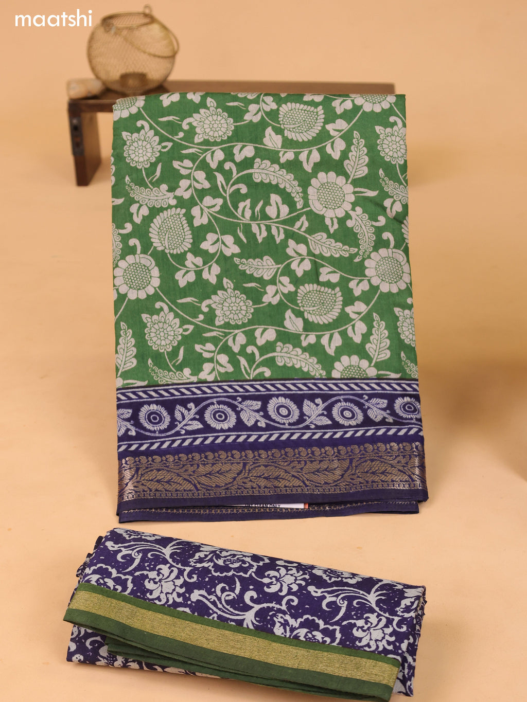 Green & Grey and Navy Blue Art Silk Dress Material With Kalamkari Prints and Bottom & Dupatta