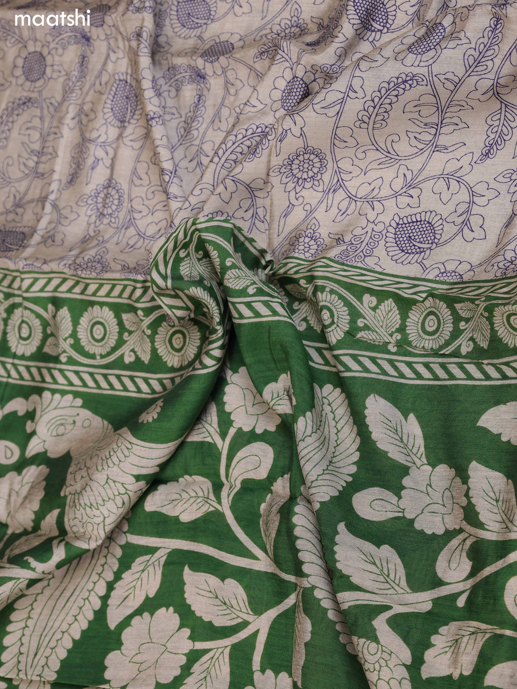 Green & Grey and Navy Blue Art Silk Dress Material With Kalamkari Prints and Bottom & Dupatta