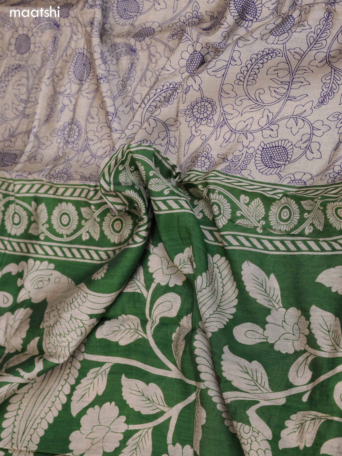 Green & Grey and Navy Blue Art Silk Dress Material With Kalamkari Prints and Bottom & Dupatta