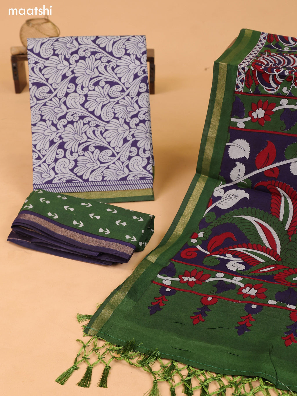 Grey & Navy Blue and Green Art Silk Dress Material With Allover Prints and Bottom & Dupatta
