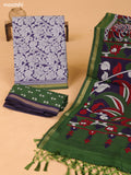Grey & Navy Blue and Green Art Silk Dress Material With Allover Prints and Bottom & Dupatta