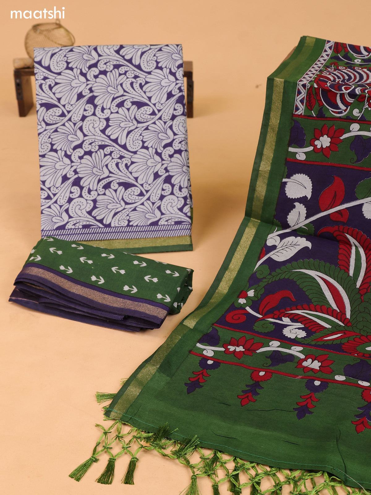 Grey & Navy Blue and Green Art Silk Dress Material With Allover Prints and Bottom & Dupatta