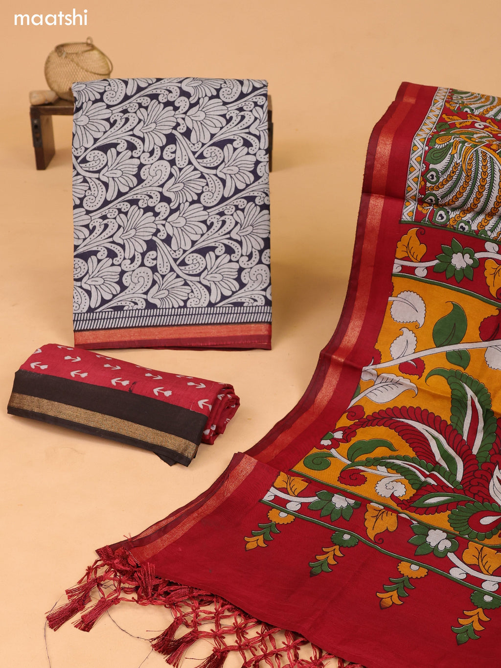 Grey & Deep Navy Blue and Maroon Art Silk Dress Material With Allover Prints and Bottom & Dupatta