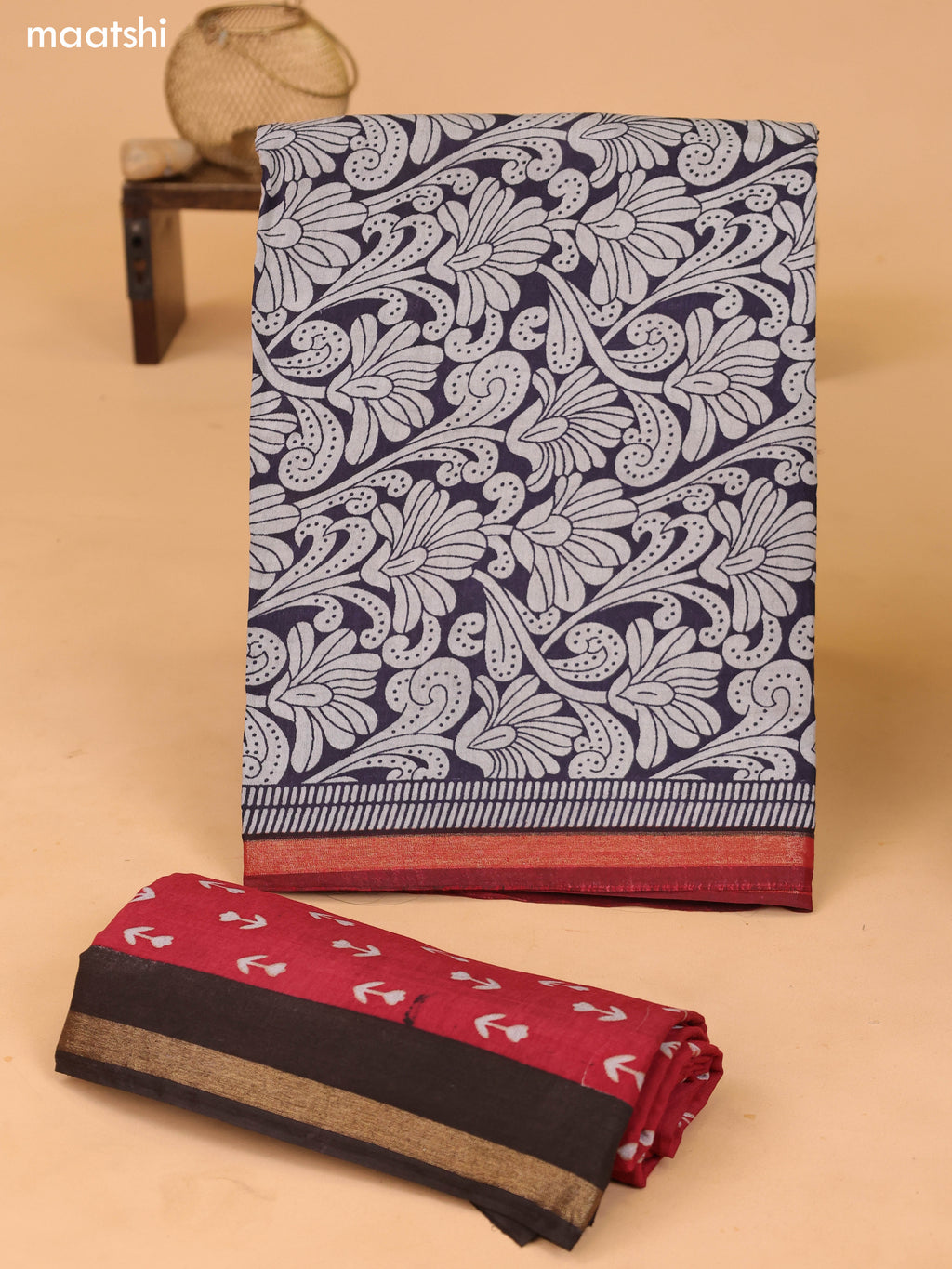 Grey & Deep Navy Blue and Maroon Art Silk Dress Material With Allover Prints and Bottom & Dupatta