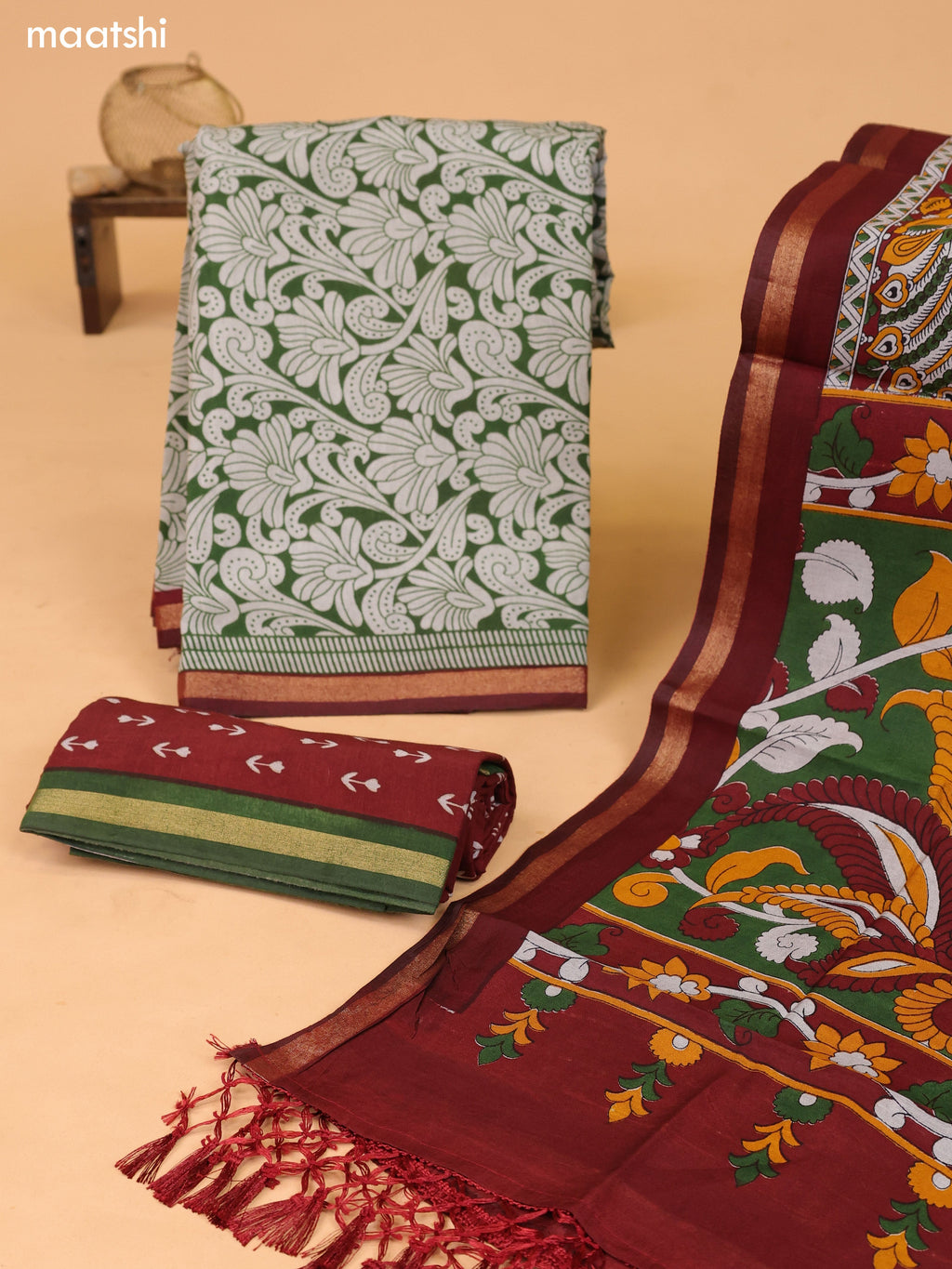 Grey & Green and Deep Brown Art Silk Dress Material With Allover Prints and Bottom & Dupatta