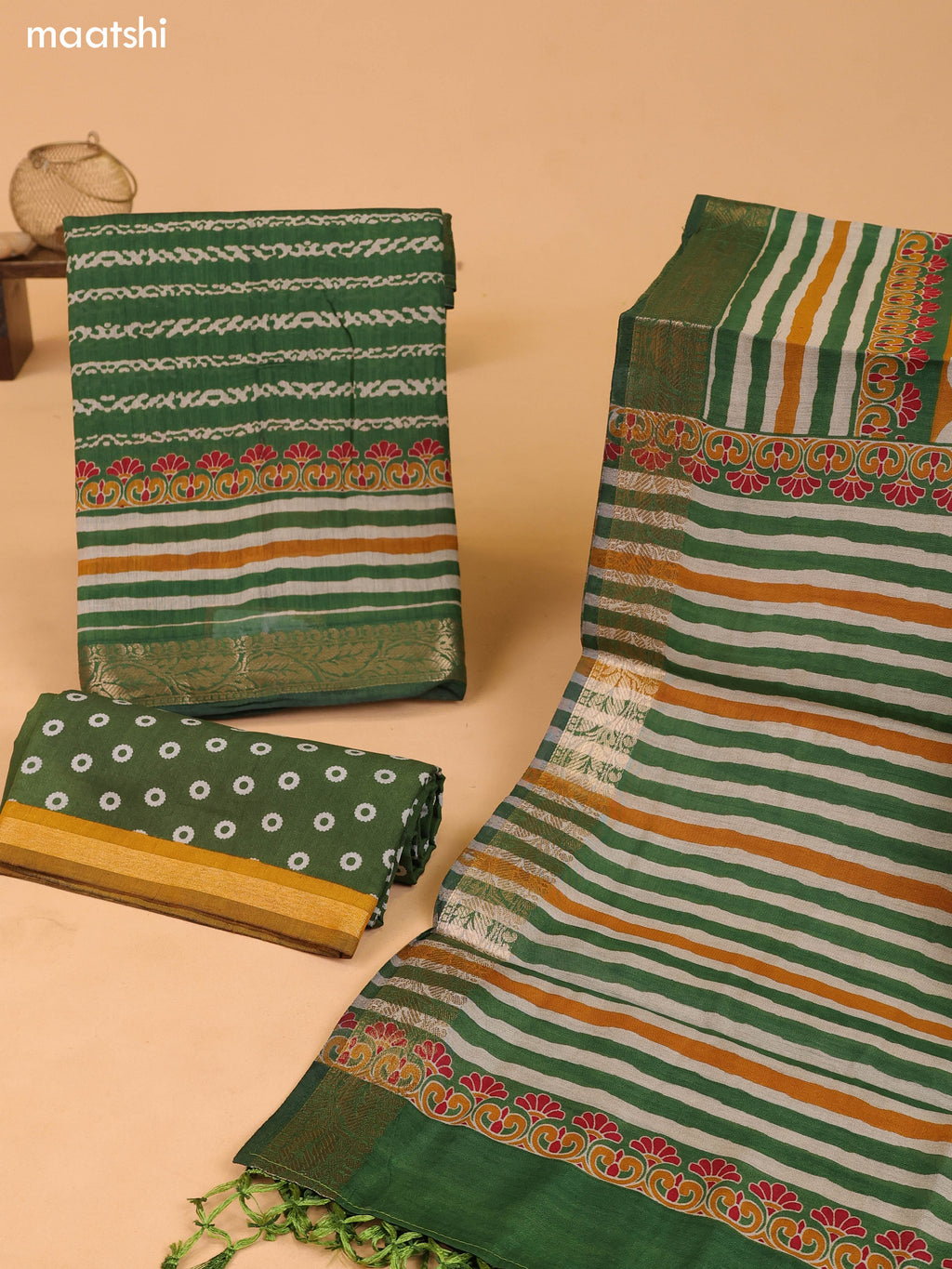 Green Art Silk Dress Material With Allover Prints and Bottom & Dupatta