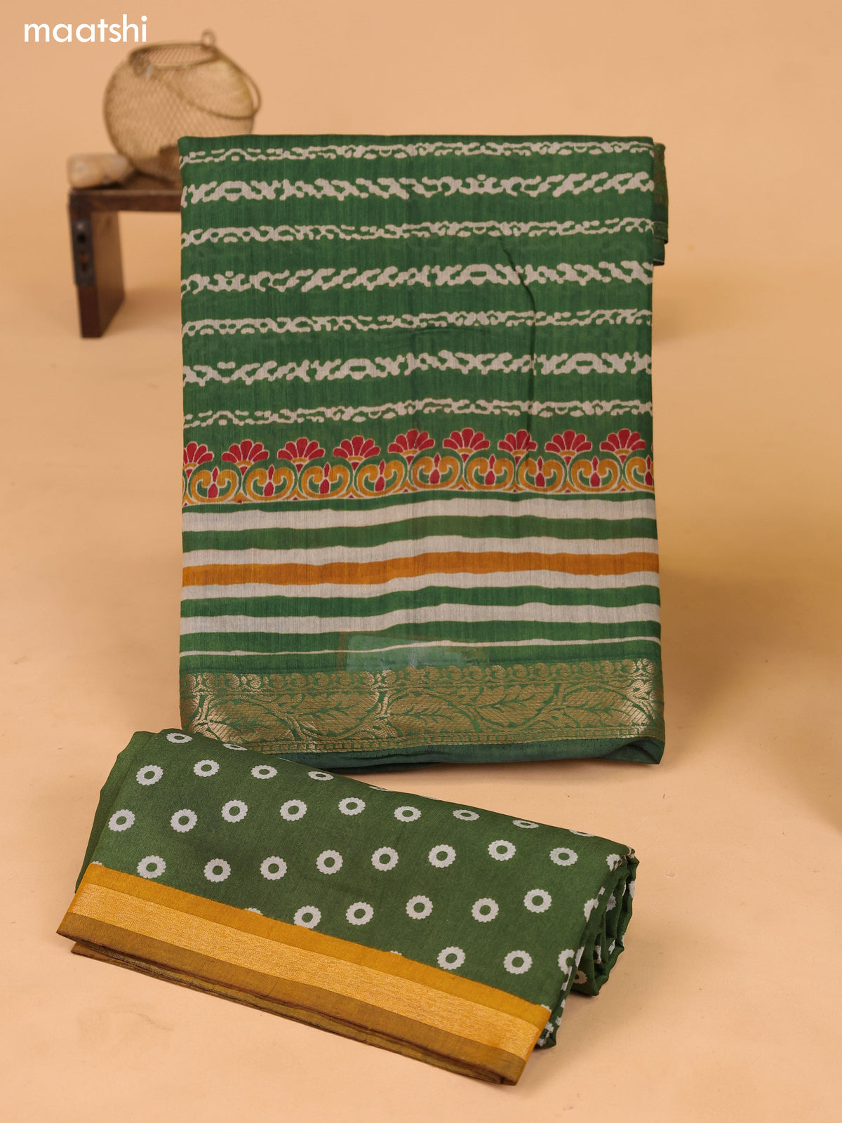 Green Art Silk Dress Material With Allover Prints and Bottom & Dupatta