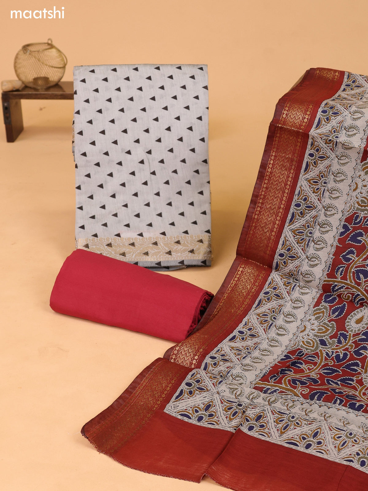 Grey and Maroon Art Silk Dress Material With Allover Prints and Bottom & Kalamkari Dupatta